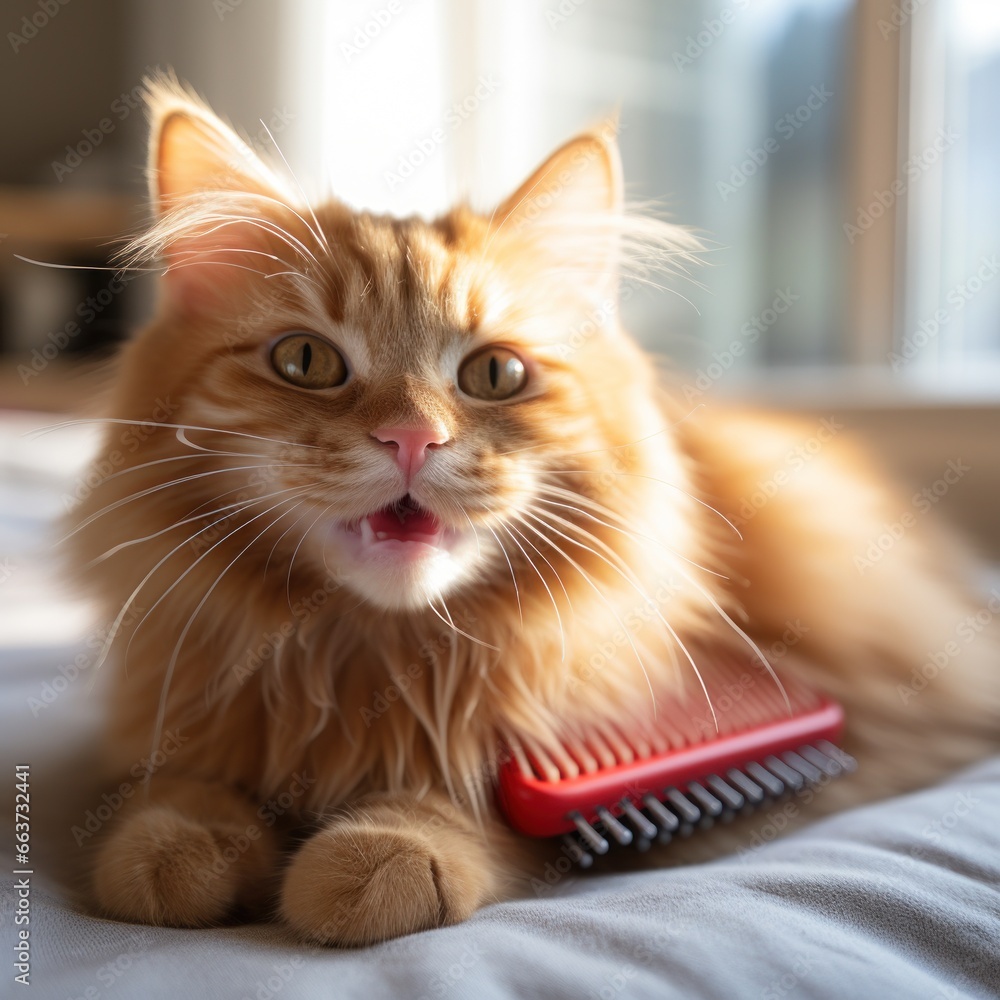 Adorable orange tabby cat being brushed with a red comb