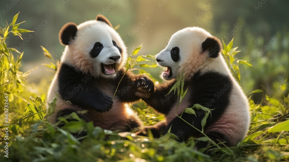 Two pandas playfully wrestling in a grassy field