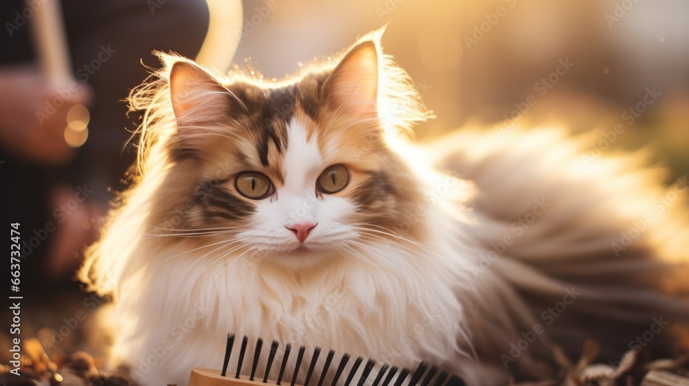 Cute calico cat being combed with a wooden brush in a cozy setting