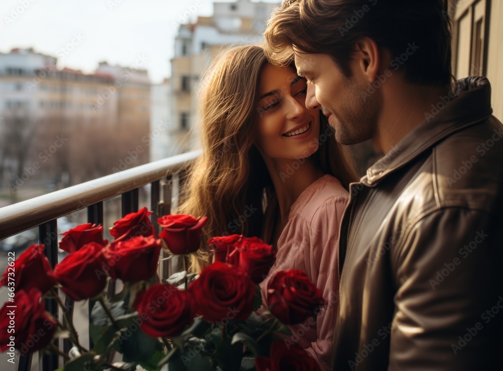 young guy and woman hug while holding roses on the balcony of the city