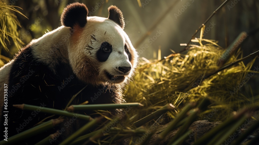 A panda walking through a bamboo forest, with sunlight streaming through the trees.