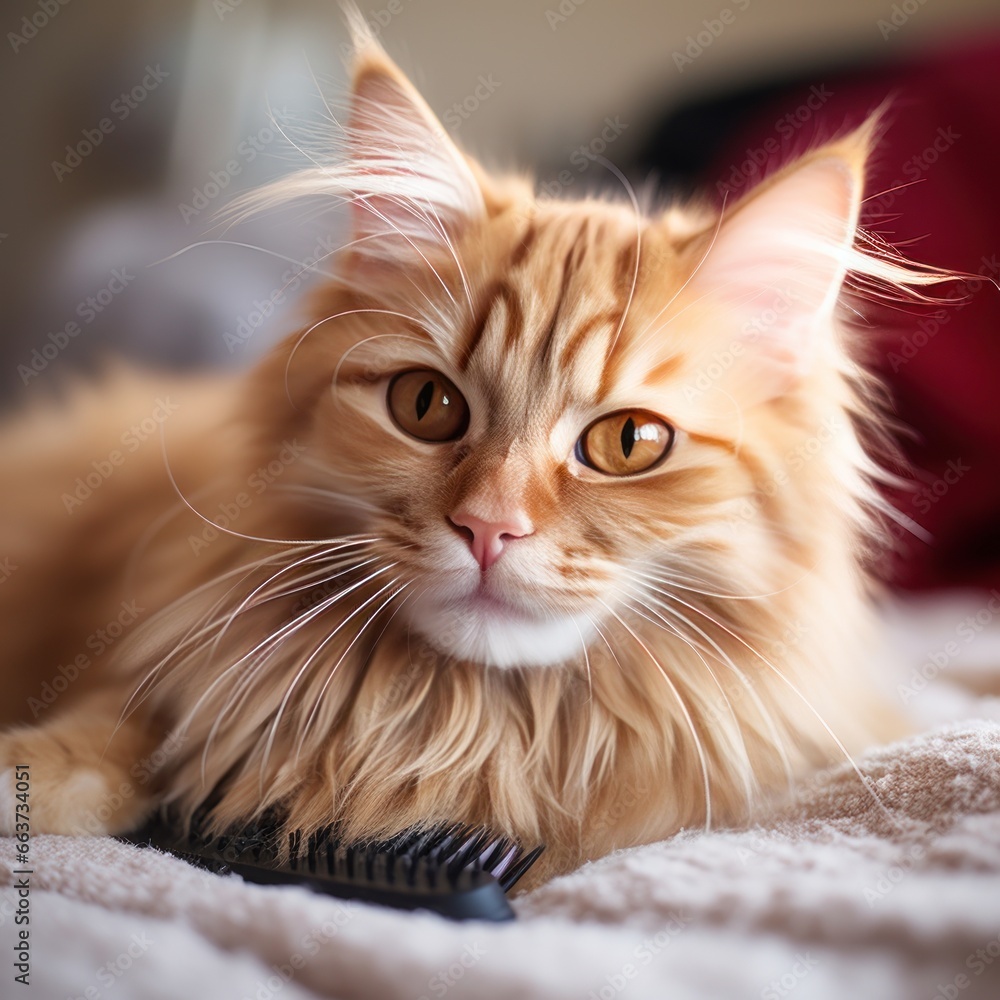 Adorable orange tabby cat being brushed with a red comb