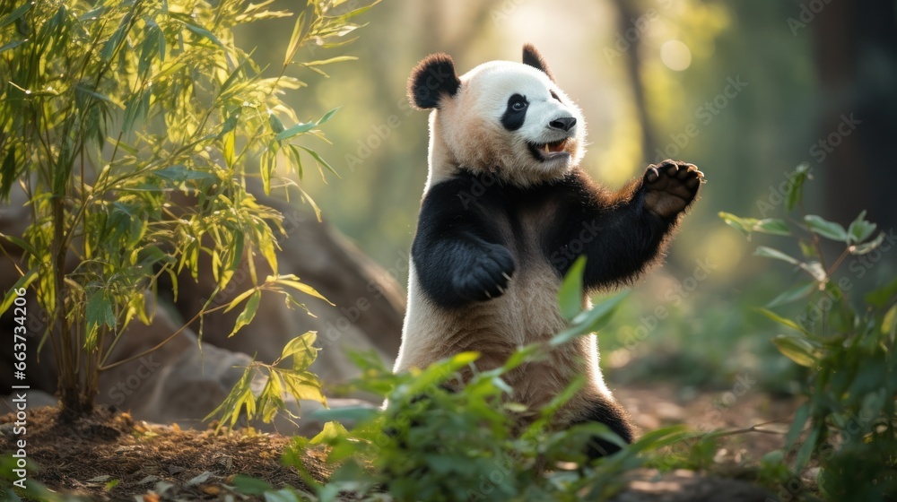 A panda standing on its hind legs, reaching up to grab some bamboo