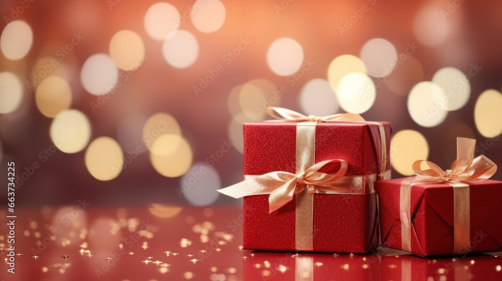 Christmas red gift boxes with gold bow on defocused holiday background with copy space