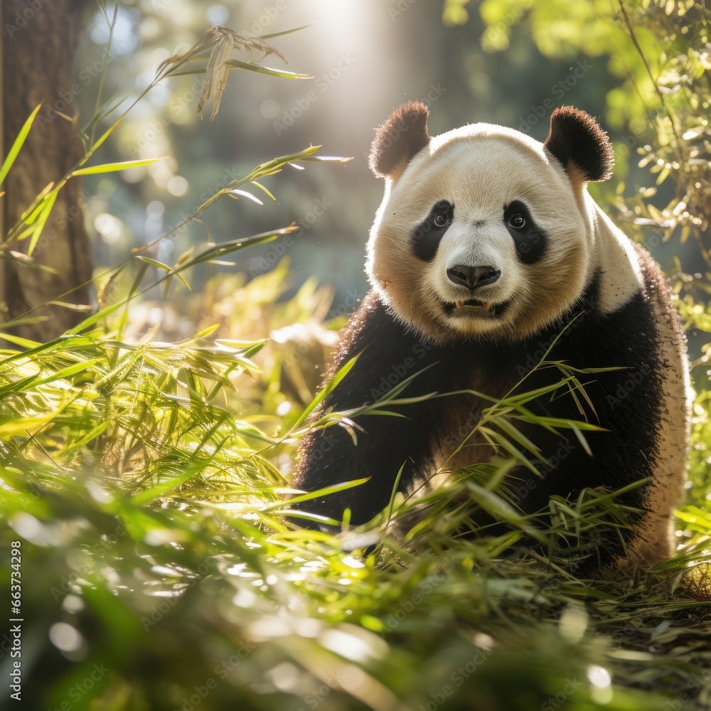 A panda walking through a bamboo forest, with sunlight streaming through the trees.