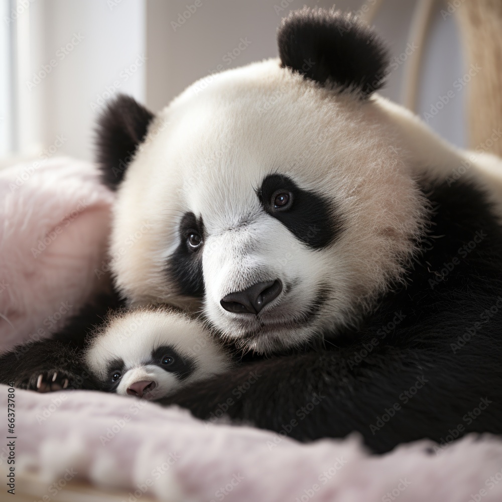 A mother panda and her cub snuggled up together for a nap