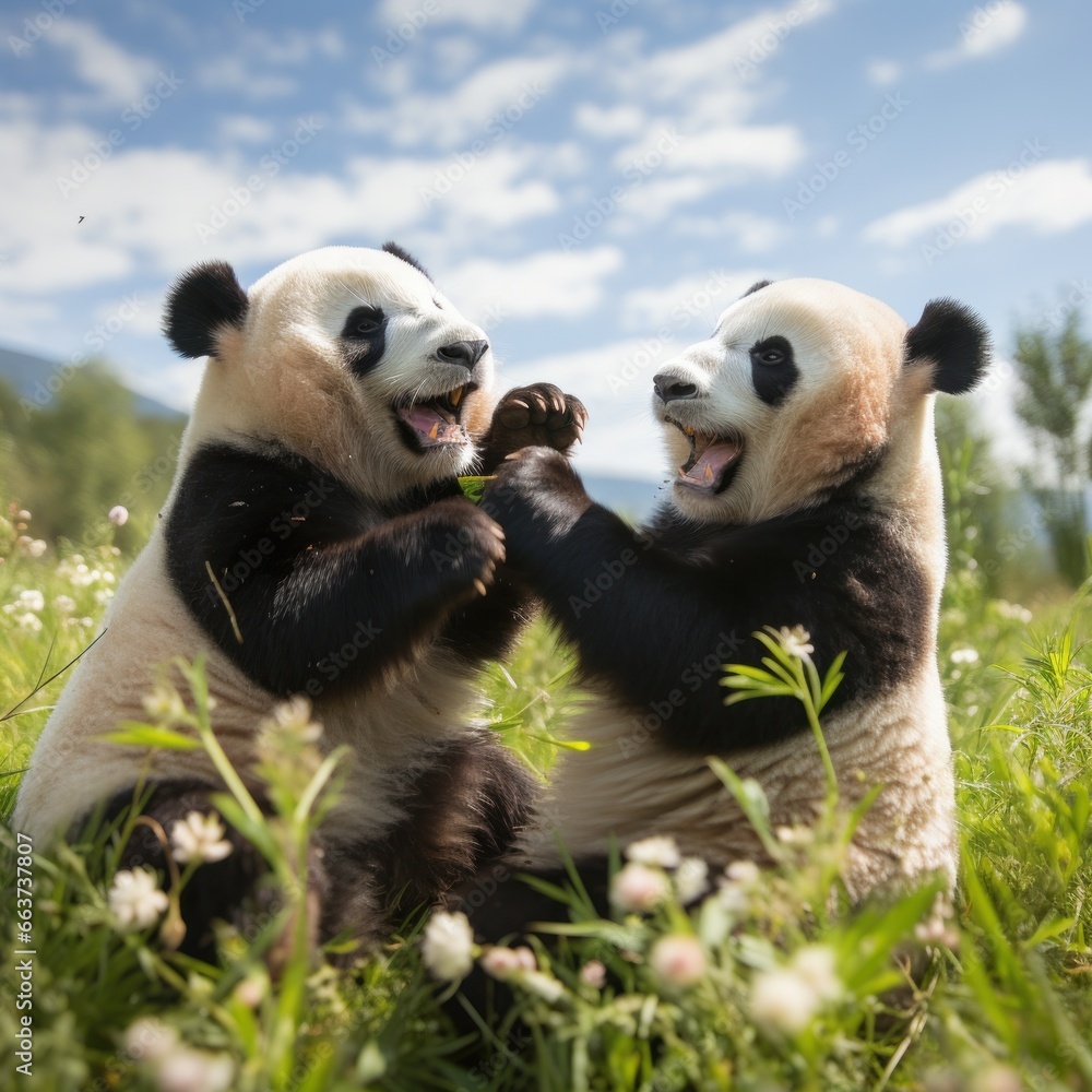 Two pandas playfully wrestling in a grassy field