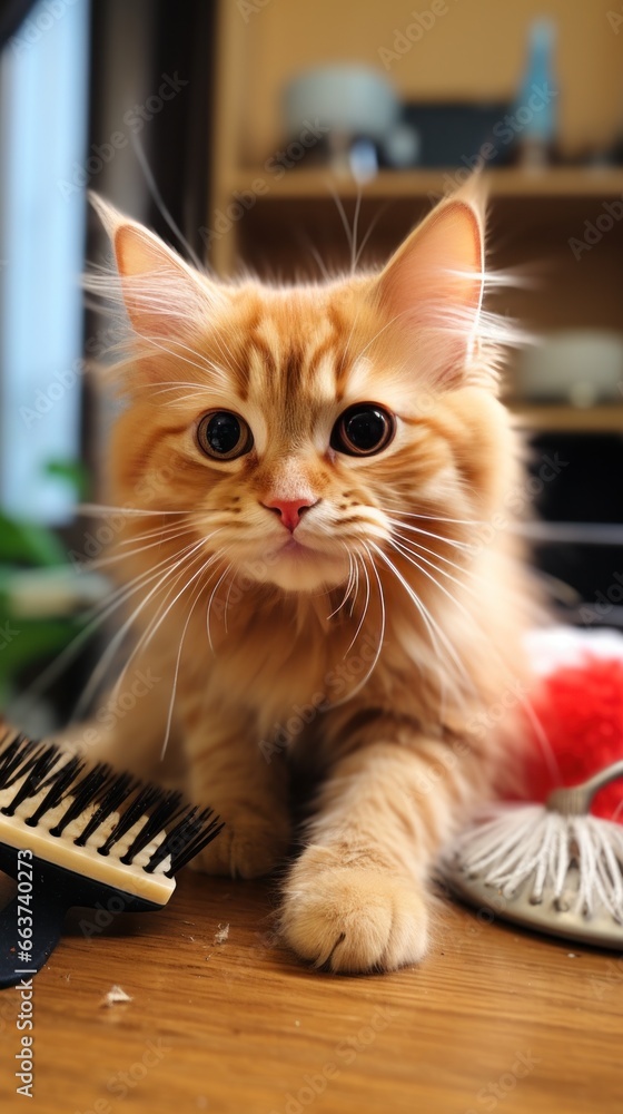 Adorable orange tabby cat being brushed with a red comb