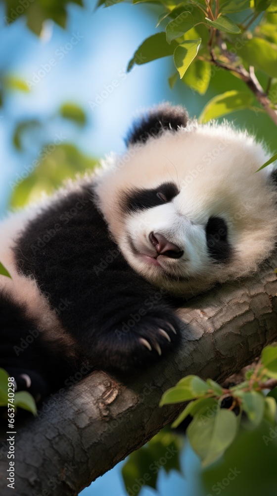 A baby panda napping on a tree branch, surrounded by lush greenery