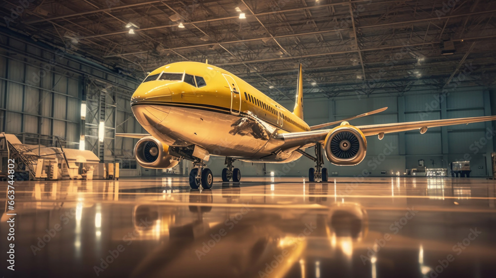 a Passenger plane aircraft on maintenance of engine and fuselage repair in airport hangar.