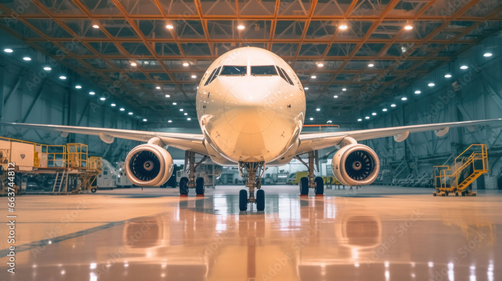 a Passenger plane aircraft on maintenance of engine and fuselage repair in airport hangar.