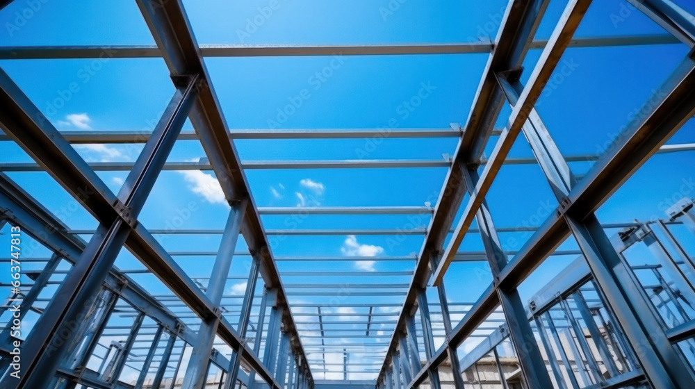 Structure of steel for building under construction in the blue sky.