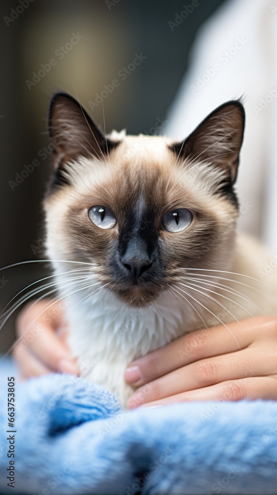 Contented Siamese cat receiving a thorough grooming from a caring owner