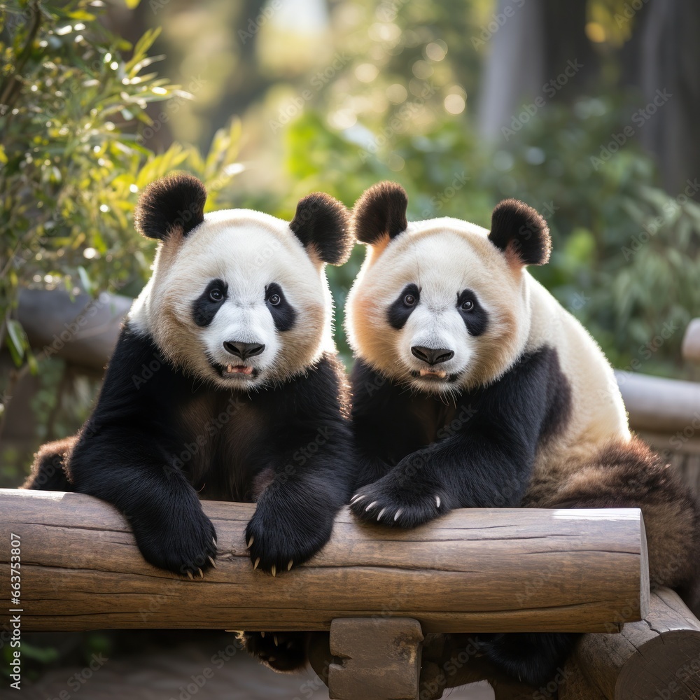 Two pandas sitting together looking content and relaxed