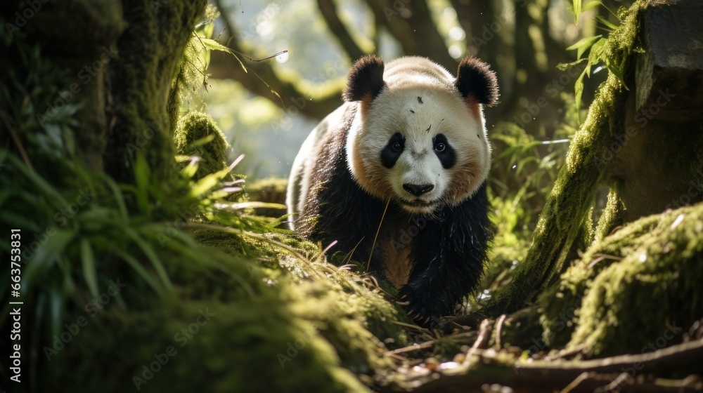 A panda walking through a bamboo forest, with sunlight streaming through the trees.