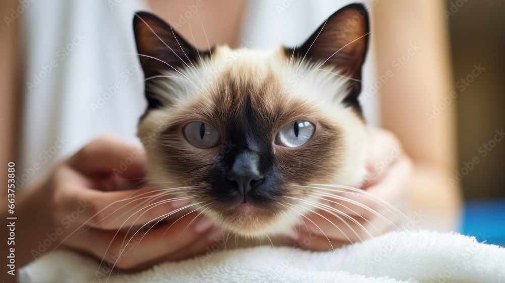 Contented Siamese cat receiving a thorough grooming from a caring owner