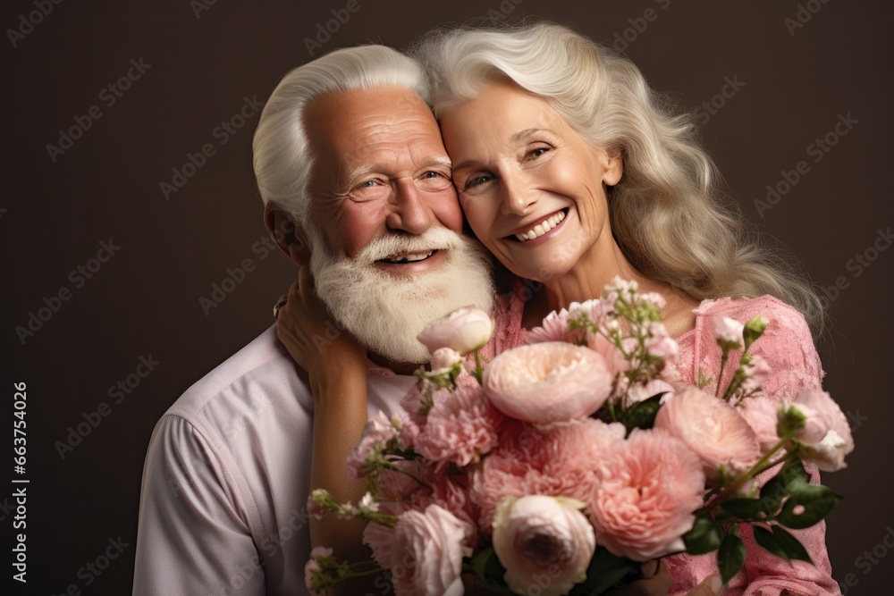 senior couple enjoying a bouquet each other love