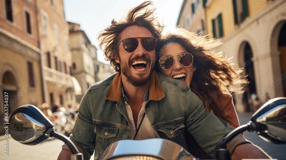 A Stylish Adventure: Young, Beautiful Hipster Couple on a Motorcycle