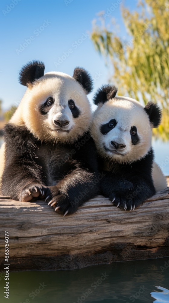 Two pandas sitting together looking content and relaxed