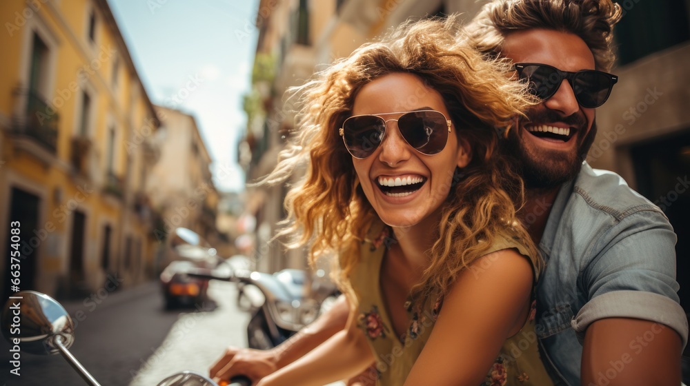 A Stylish Adventure: Young, Beautiful Hipster Couple on a Motorcycle