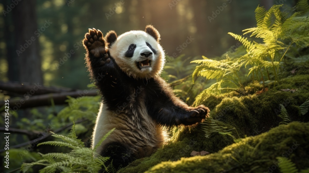 A panda standing on its hind legs, reaching up to grab some bamboo