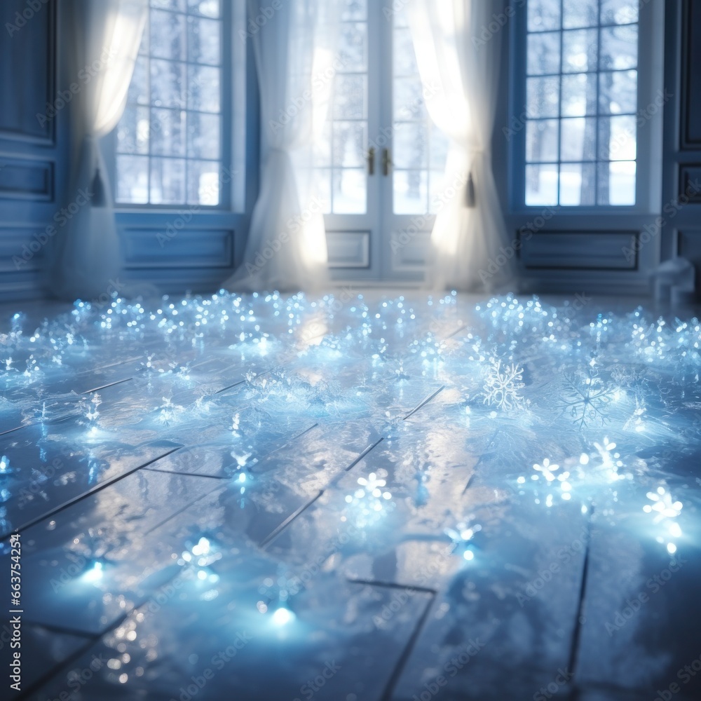 a blue floor with snowflakes on it