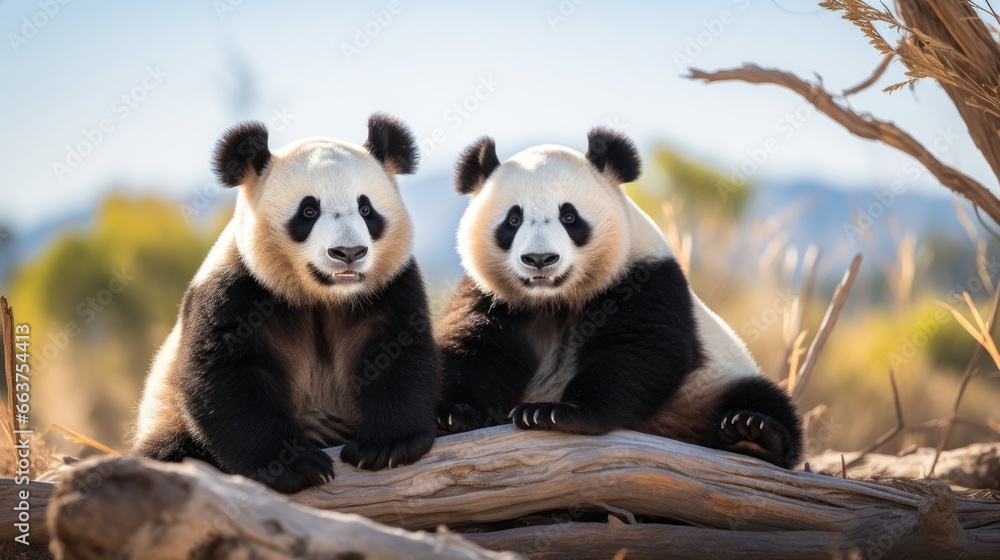 Two pandas sitting together looking content and relaxed