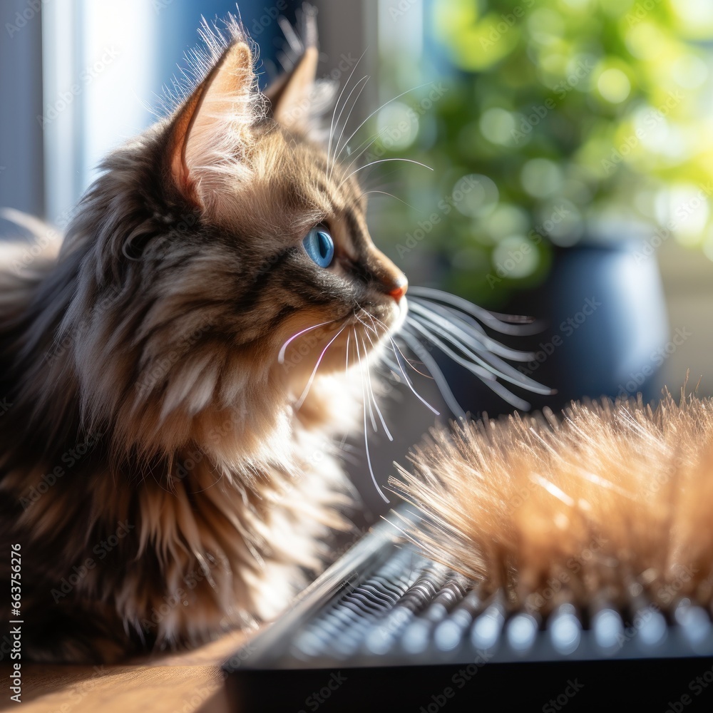 Curious tortoiseshell cat watching its owner comb its fur with a blue brush