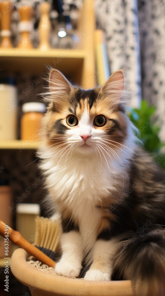 Cute calico cat being combed with a wooden brush in a cozy setting