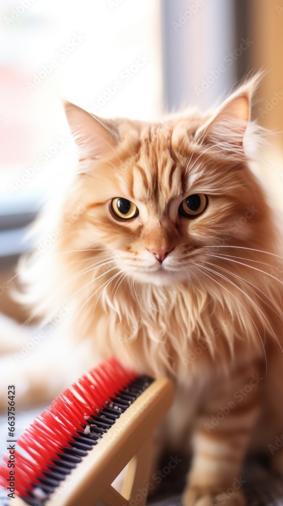 Adorable orange tabby cat being brushed with a red comb