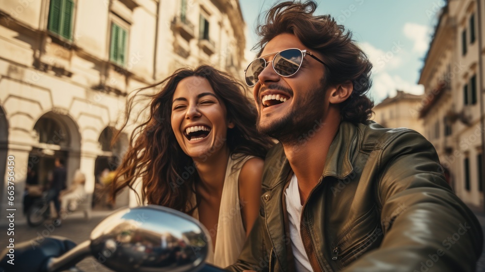 A Stylish Adventure: Young, Beautiful Hipster Couple on a Motorcycle