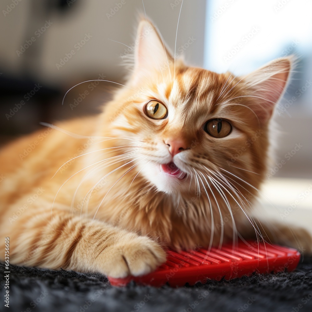 Adorable orange tabby cat being brushed with a red comb