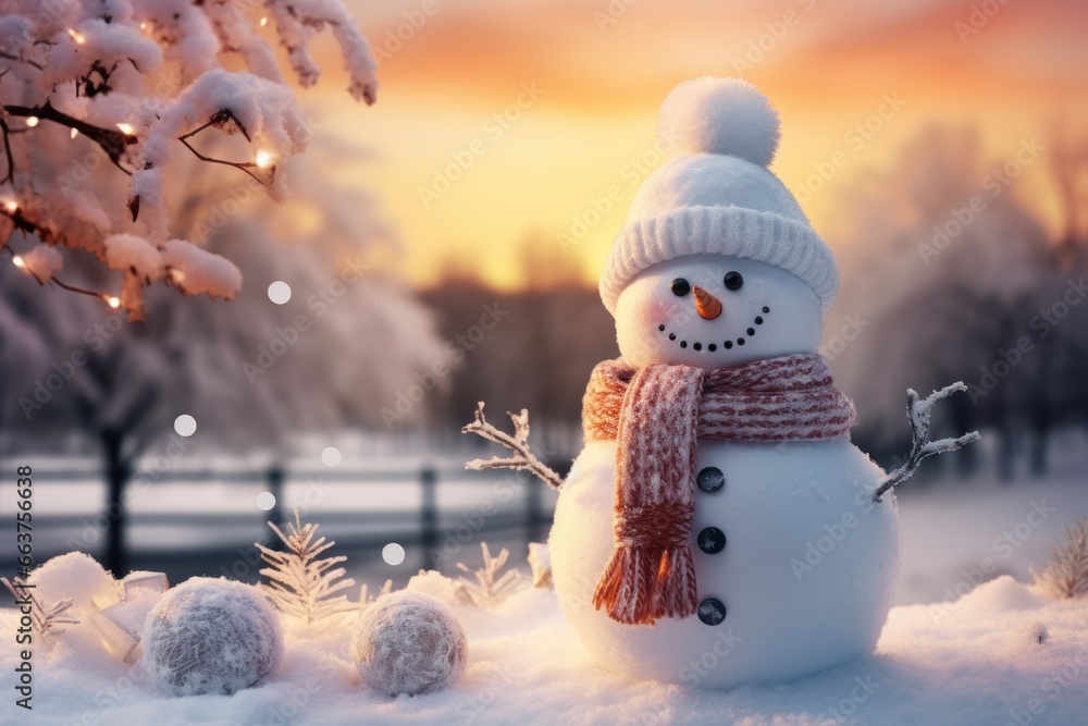 snowman in the background of a winter landscape