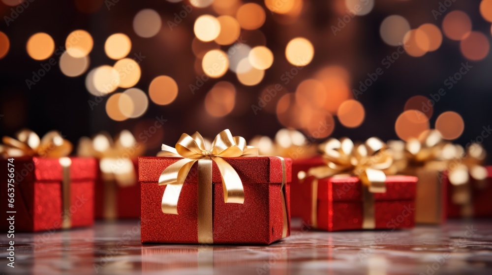 Christmas red gift boxes with gold bow on defocused holiday background with copy space