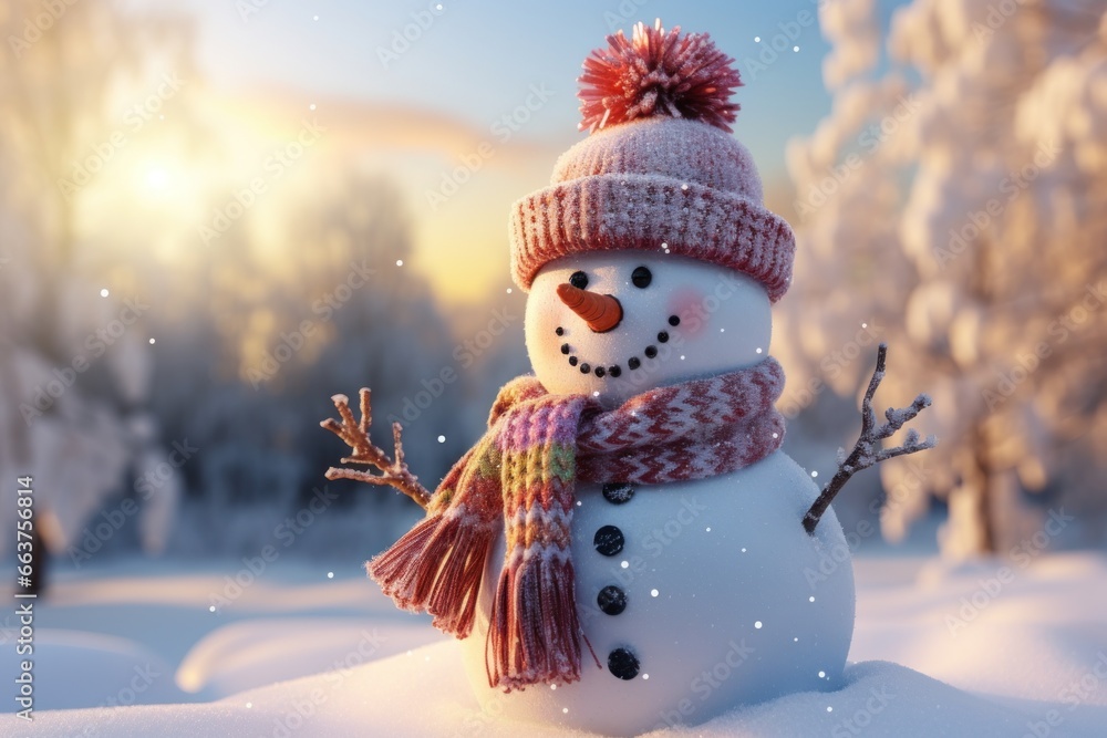 colorful snowman in a white hat and scarf sitting in front of a snowy forest in winter