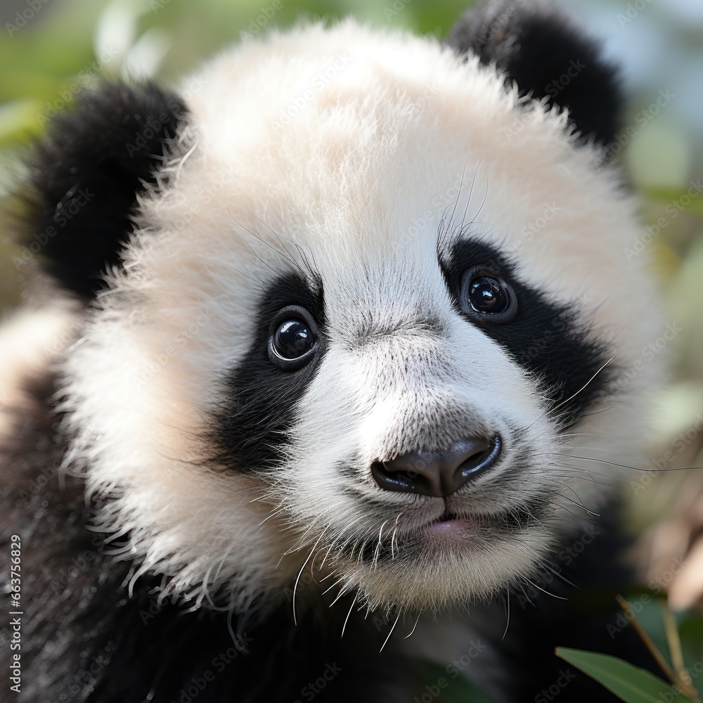 Close-up of a pandas face with adorable black and white