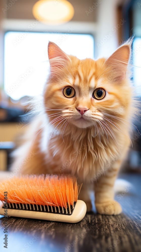 Adorable orange tabby cat being brushed with a red comb