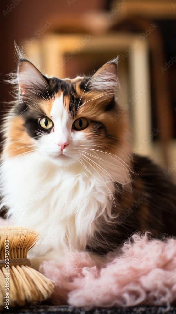 Cute calico cat being combed with a wooden brush in a cozy setting