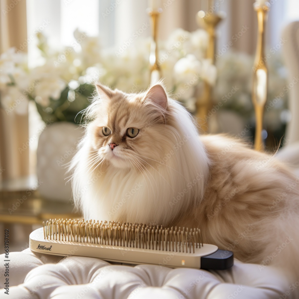 Regal Persian cat being brushed with a golden comb in a luxurious setting