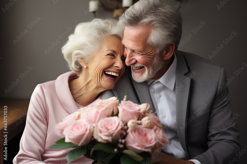 senior couple enjoying a bouquet each other love