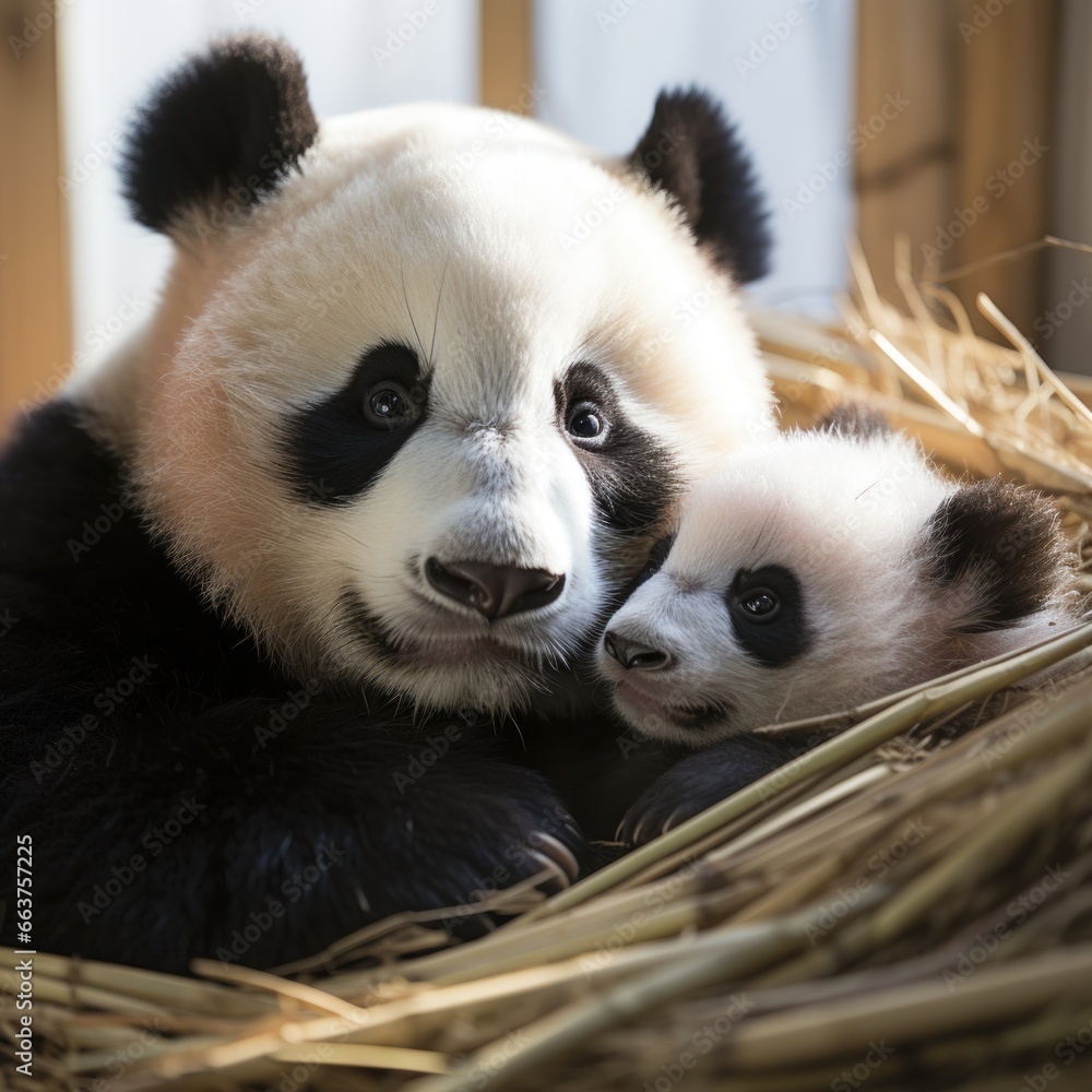 A mother panda and her cub snuggled up together for a nap