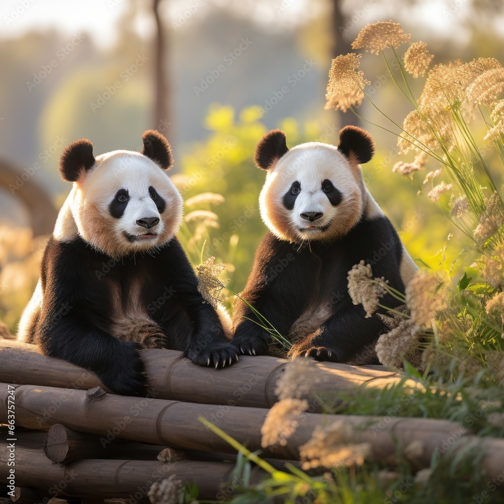 Two pandas sitting together looking content and relaxed