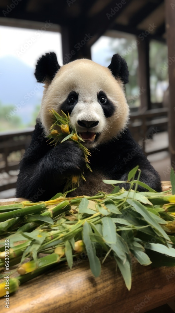 A panda sitting on a rock munching on bamboo leaves