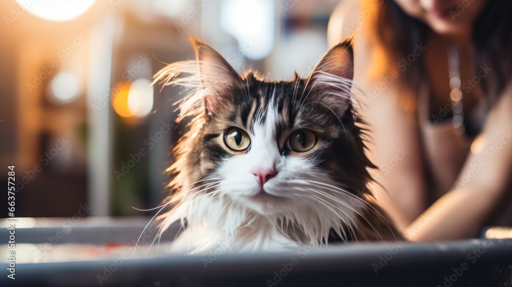 Affectionate long-haired cat enjoying a grooming session