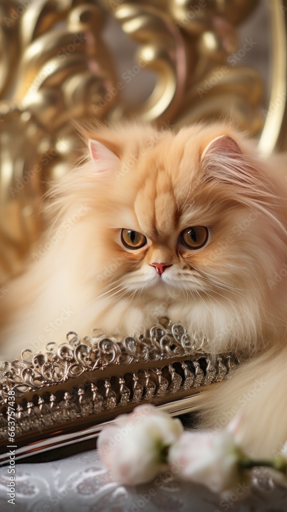 Regal Persian cat being brushed with a golden comb in a luxurious setting