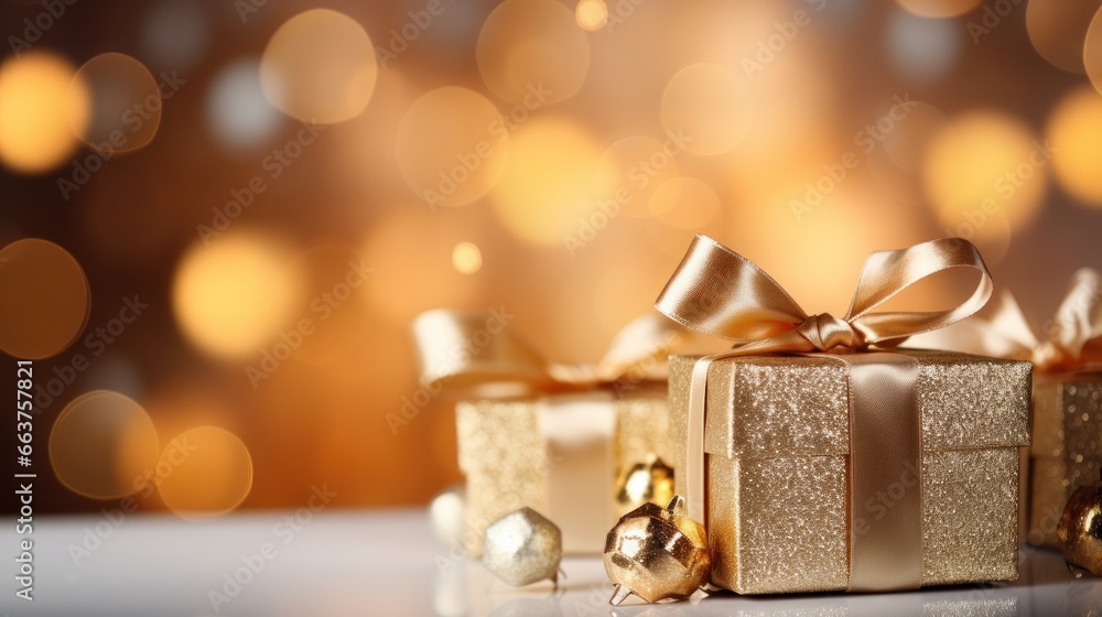 Christmas gift boxes with gold bow on defocused holiday