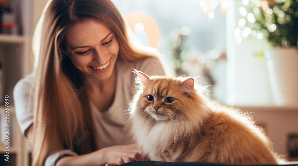 Affectionate long-haired cat enjoying a grooming session