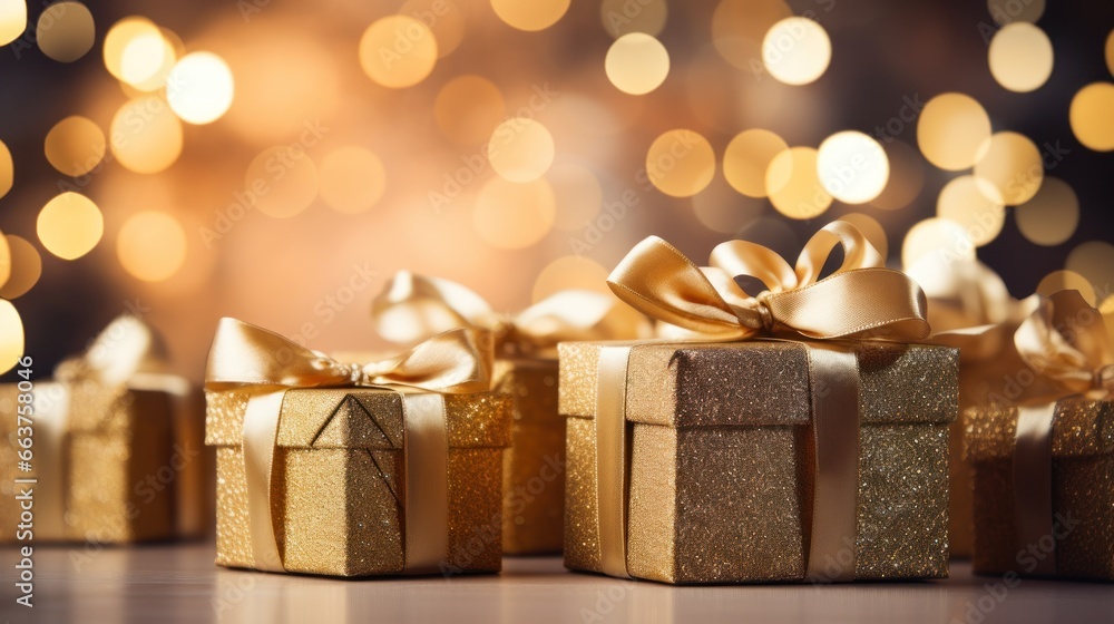 Christmas gift boxes with gold bow on defocused holiday