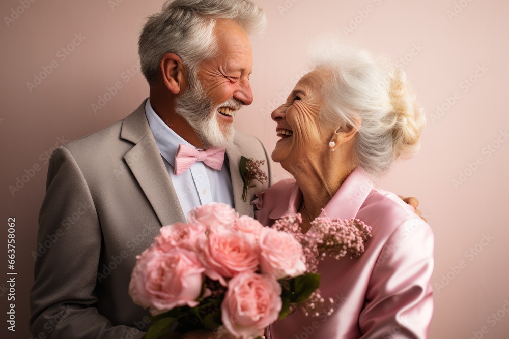 senior couple enjoying a bouquet each other love