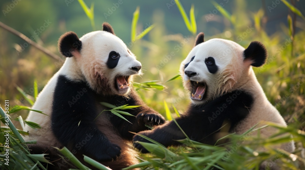 Two pandas playfully wrestling in a grassy field